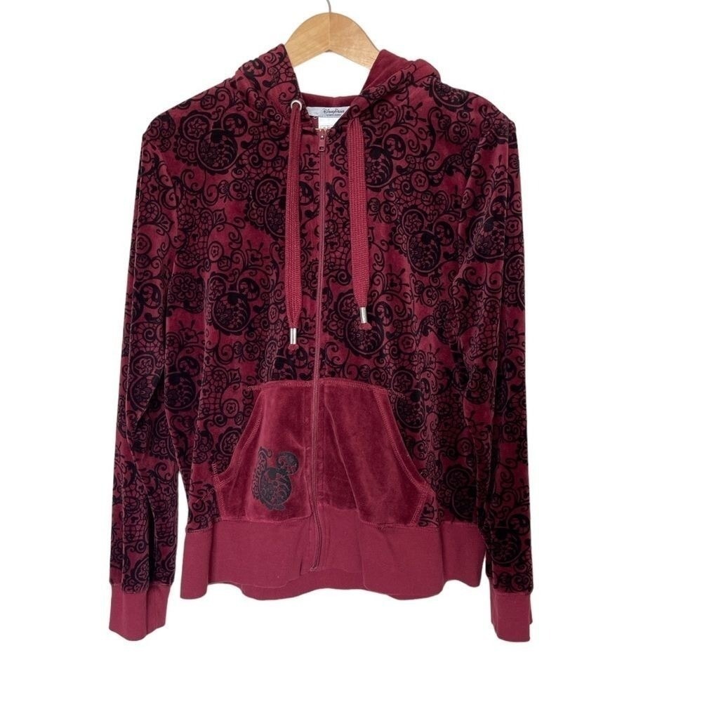 Disney Parks Hoodie Women XL Burgundy Mickey Mouse Filigree Velour Zip Up Jacket